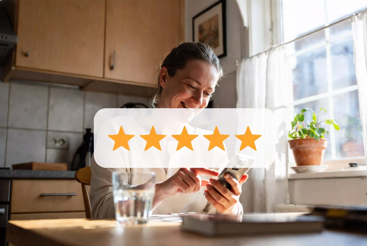 Kvinne gir fem stjerner på telefonen